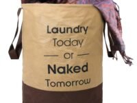 Kuber Industries Waterproof Round Non Wovan Laundry Bag/Hamper|Metalic Printed With Handles|Foldable Bin & 45 Liter Capicity|Size 37 x 37 x 49, Pack of 1 (Beige & Brown)-KUBMART11450