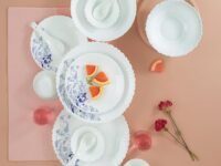 Larah by Borosil Blue Eve Silk Series Opalware Dinner Set | 35 Pieces for Family of 6 | Microwave & Dishwasher Safe | Bone-Ash Free | Crockery Set for Dining & Gifting | Plates & Bowls | White