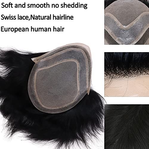 Lishy Toupee for Men Hair Pieces 100% European Virgin Human Hair Replacement System 10" x 8" Mono Lace with PU around and Swiss Lace Front toupee Men Hair Piece #1 Jet Black Color