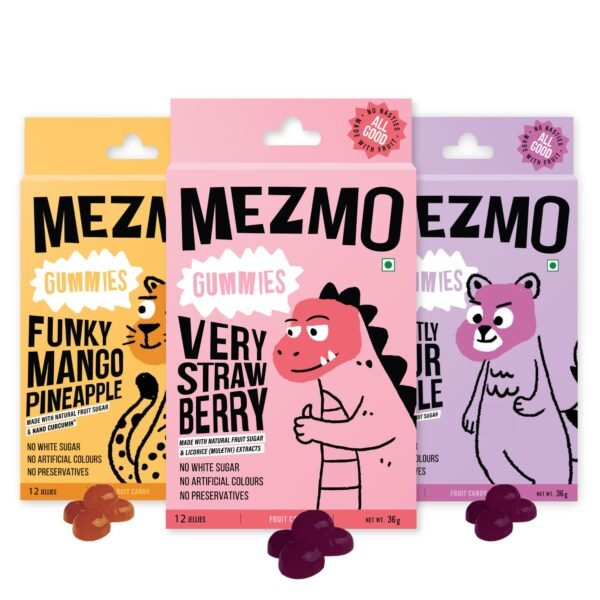 MEZMO Vegan Fruit Jellies (120g, Pack of 3) | Natural Strawberry Gummies for Kids & Adults | Zero Added Sugar, Gluten Free | Healthy Prebiotic Gut Friendly Snacks - Very Strawberry, Mango Pineapple, Apple