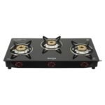 MILTON Premium 3 Burner Black Manual Ignition Glass Top Gas Stove, (ISI Certified)