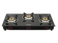 MILTON Premium 3 Burner Black Manual Ignition Glass Top Gas Stove, (ISI Certified)