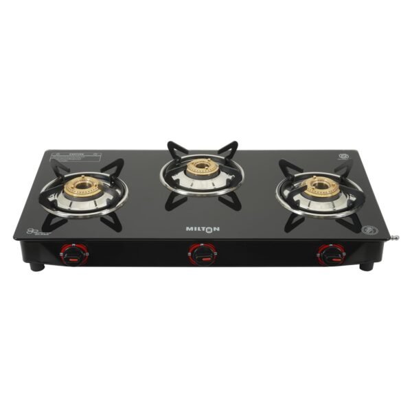 MILTON Premium 3 Burner Black Manual Ignition Glass Top Gas Stove, (ISI Certified)