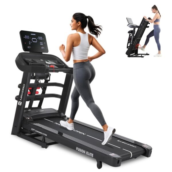 Maxpro Auto Incline Treadmill for Home – Fusion Elite PTM405MI | 15-Level Motorized Incline | 5 HP Peak DC Motor | 14 km/h Speed | 110 kg User Weight | Foldable Running Machine, FitShow App