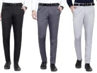 Men's Formal Office Pants Pack of 3, Classic Fit Trousers in Black, Grey and Dark Grey