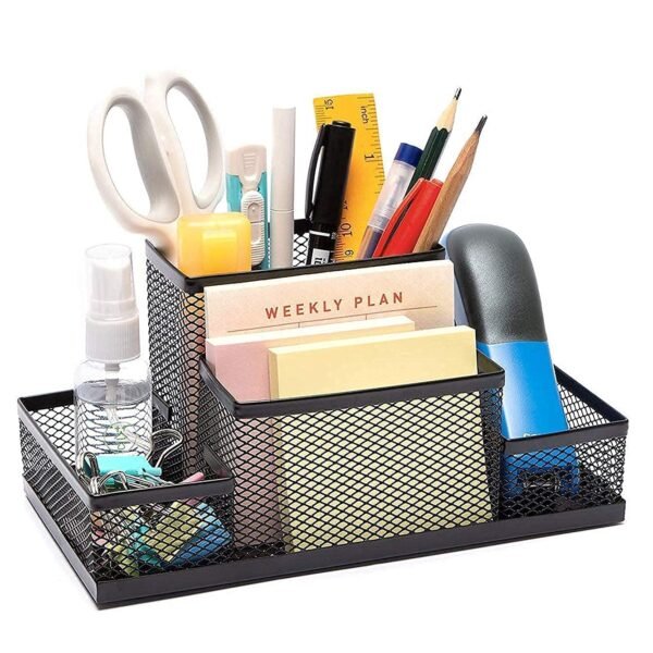 Mesh Desk Organizer | 4-Compartment Metal Stationery Holder | Pen, Pencil & Office Supplies Storage | Durable Black Wire Mesh Design for Home, Office & Study Table