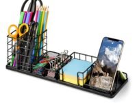 Mesh Desk Organizer with Phone Holder – Multi-Functional Office Supply Caddy with Compartments for Pens, Scissors, Sticky Notes, Clips & More – Desktop Storage Organizer for Home, Office & School