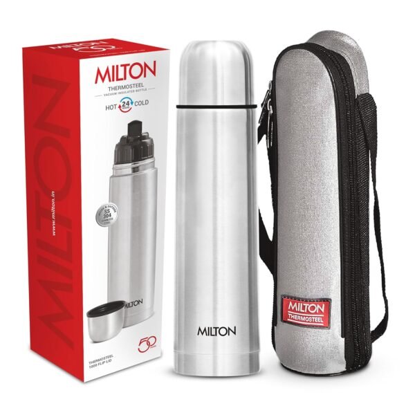 Milton Flip Lid 1000 Thermosteel Water Bottle 1 LTR, 24 Hr Hot and Cold I Leak Proof Lid, ISI Certified I Vacuum Insulated I for Office, Gym, School I Silver