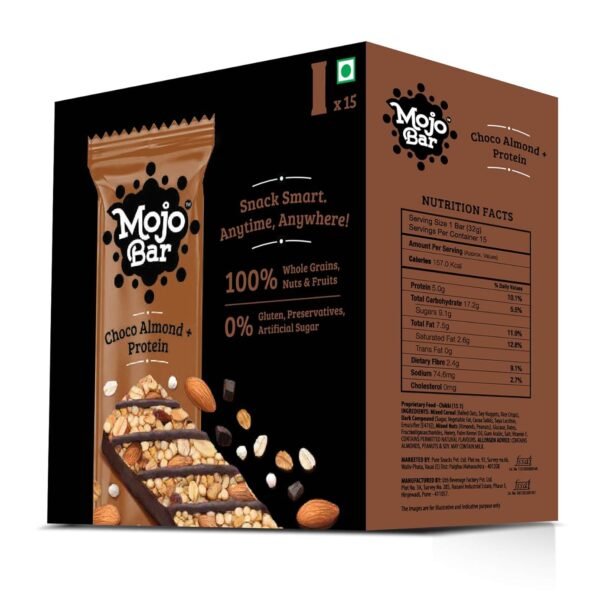 Mojo Bar Energy Bars Choco Almond & Protein | 100% Whole Grains, Nut & Fruit | High Energy & Granola Bars | 5g Protein Snack | Pack of 15 x 32g Energy Bars | Gluten Free & No Preservatives
