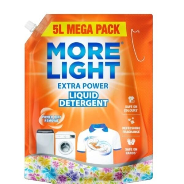 More Light Extra Power Liquid Detergent 5 Litre Pouch with Enzymatic Action Removes Tough Stain | Laundry Liquid Detergent with Refreshing Fragrance for Bucket Wash, Top Load & Front Load Machines