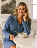 Morgenstern Emily Women's Bathrobe with Zip and Hood Terry Towelling Lightweight, denim blue, S