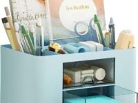 Multi-functional Desk Organiser with 5 Compartments & 2 Drawer Desktop Office Supplies Stationery Storage Box Cosmetic Organizer for Pens Staplers Clips Sticky Notes (Blue)