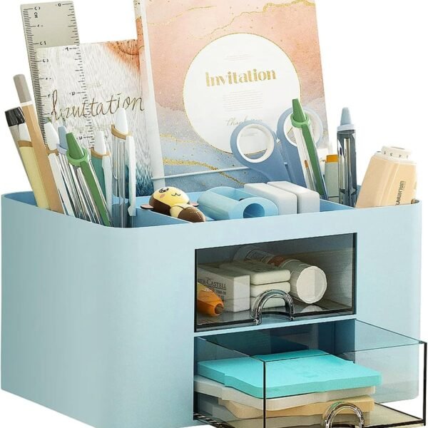 Multi-functional Desk Organiser with 5 Compartments & 2 Drawer Desktop Office Supplies Stationery Storage Box Cosmetic Organizer for Pens Staplers Clips Sticky Notes (Blue)