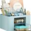 Multi-functional Desk Organiser with 5 Compartments & 2 Drawer Desktop Office Supplies Stationery Storage Box Cosmetic Organizer for Pens Staplers Clips Sticky Notes (Blue)