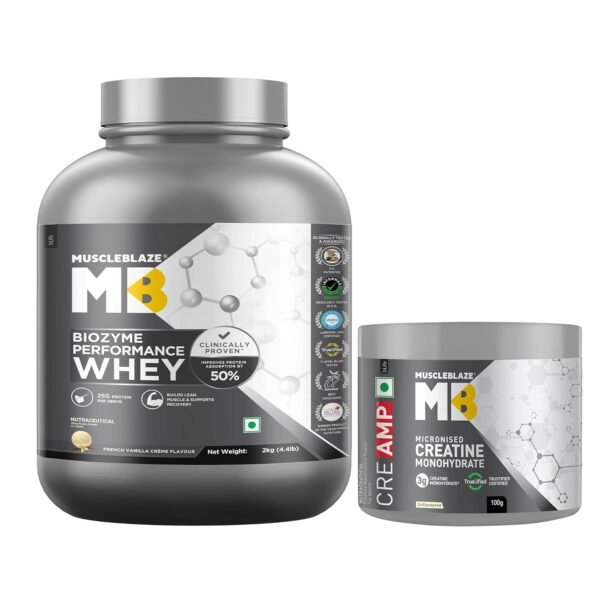 MuscleBlaze Biozyme Performance Whey Protein Powder, French Vanilla Creme (2kg / 4.4lbs) & Micronised Creatine Monohydrate CreAMP Powder, Unflavoured (32 Servings, 100g) | Pack of 2