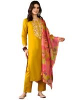 Naixa Women's Rayon Embroidered Straight Kurta with Pant and Dupatta (Available in Plus Size)