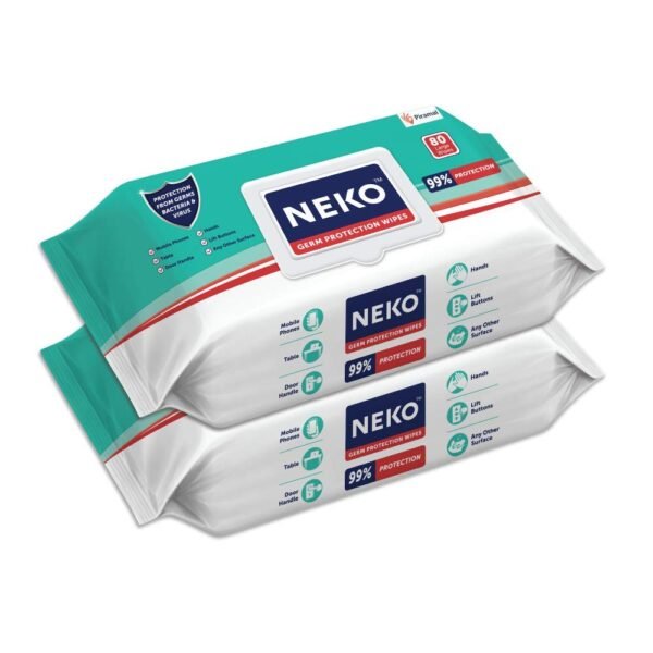 Neko Germ Protection Wipes 80S Lid Pack | Disinfectant Wipes | Skin Friendly | 99% Protection | Use On Skin & Multiple Surfaces At Home, Office, In Car And Out Of Home| Contains Bkc | Aloe Vera Enriched | Large Sized Wipes 200Mm X 200Mm | Pack Of 2