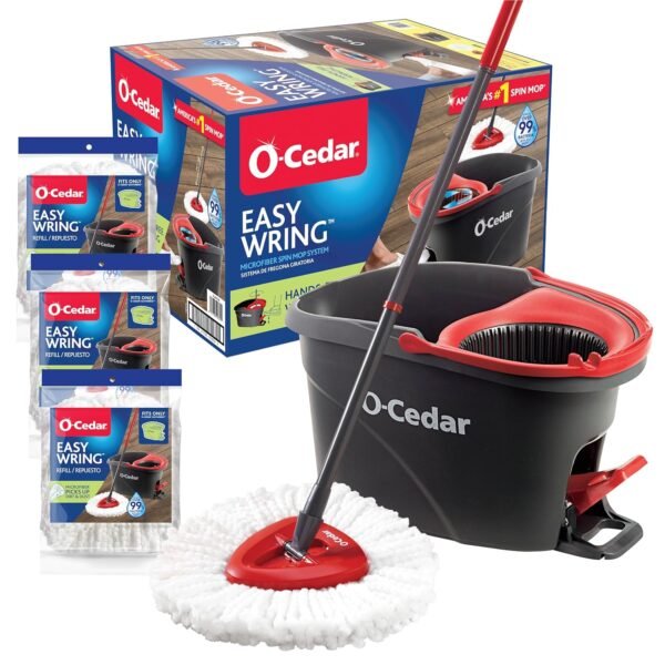 O-Cedar System Easy Wring Spin Mop & Bucket with 3 Extra Refills, Red/Gray