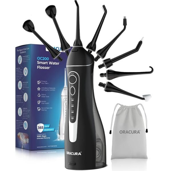 ORACURA® OC200 Dental PRO Smart PLUS Water Flosser® Black, 8 Nozzle Tips, Portable & Rechargeable, Custom 8 Water Pressure Settings, 200ml Tank Capacity, IPX7 Waterproof, 365 Days Warranty