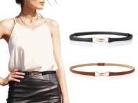 PALAY® 2Pcs Waist Belt for Women Belts for Dress Fashion Elastic Slim Dress Belts for Women Ladies Stretch PU Leather Belt with Metal Buckle Closure for Shirt Blouse Blazer - Black & Brown