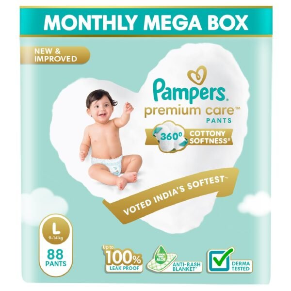 Pampers Premium Care Pant Style Baby Diapers | Large (L size) | 88 Count | Voted India's Softest | All-in-1 with 360 Cottony Softness Diapers| 9-14kg