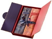 Pashtush His And Her Set Of Jamawar Stole and Shawl, Premium Gift Box Packaging, Navy Blue and Peach