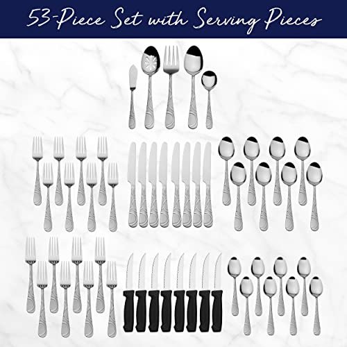 Pfaltzgraff 5163889 Garland Frost 53-Piece Stainless Steel Flatware Set with Serving Utensil Set and Steak Knives, Service for 8