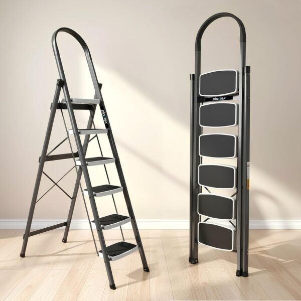 Plantex 6 Step Ladder -Foldable Steel 6 Step Ladder-Wide Anti Skid Steps-Made in India(Grey & White)
