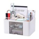 Plastic Desk Organizer Box with 5 Sections & 2 Drawers | Office Tabletop Stationery Holder for Pens, Scissors, Notepads | Space Saving Storage Solution for Office & Home