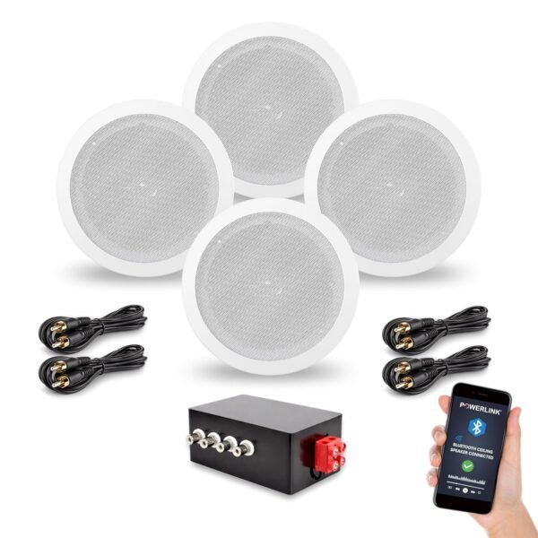 Powerlink 9" Bluetooth Flush Mount in-Ceiling 2-Way Speaker System Quick Connections Polypropylene Cone & Polymer Tweeter Stereo Sound 120 Watt (30W Each) for Office, Gym, Home Theater (Pack of 4)