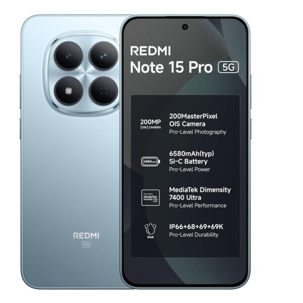 REDMI Note 15 Pro 5G (Mirage Blue, 8GB+256GB) | 200MasterPixel OIS Camera | Dimensity 7400-Ultra | 17.3cm CrystalRes AMOLED Screen | IP66/68/69/69K | Mega 6580mAh Si/C Battery | 45W Fast Charging