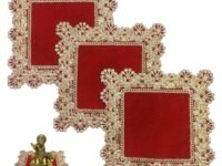 Red Velvet Pooja Cloth with Crystal Stone Work, Decorative Lace Border, Temple Altar Mat for Idols and Rituals, Puja Cloth for Mandir, Pooja Aashan for god Idols (6 X 6 Inch)