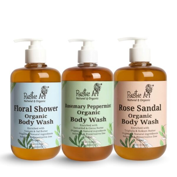 Rustic Art Body Wash Combo | Rose Sandal, Rosemary Peppermint & Floral Shower | Sulphate and Paraben Free | Gentle, Nourishing, Uplifting Care | 3 x 300 ml