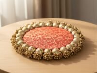 SATYAM KRAFT 1 Pc Handmade Jhumki Platter (6 Inch) with Gota Patti & Golden Moti | Wedding Decoration Setup, Festive Home Décor, Haldi Mehendi Setup, Table Centerpiece & Wedding Gifting Item