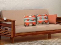 STRATA FURNITURE Sheesham Wood 3 Seater Sofa Set for Living Room Office Home Wooden Sofa Cum Bed with Side Magzine Newspaper Holder (Honey Finish)