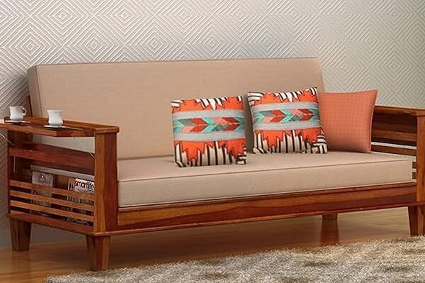 STRATA FURNITURE Sheesham Wood 3 Seater Sofa Set for Living Room Office Home Wooden Sofa Cum Bed with Side Magzine Newspaper Holder (Honey Finish)