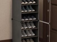 Shoe Rack Plastic for Home- Slipper Stand, Chappal Stand, Professional Multipurpose Printed Foldable Standing Comfort Runner Shoe Rack, Utility Shelf (Bright Grey, 6 Shelf 2 Door)