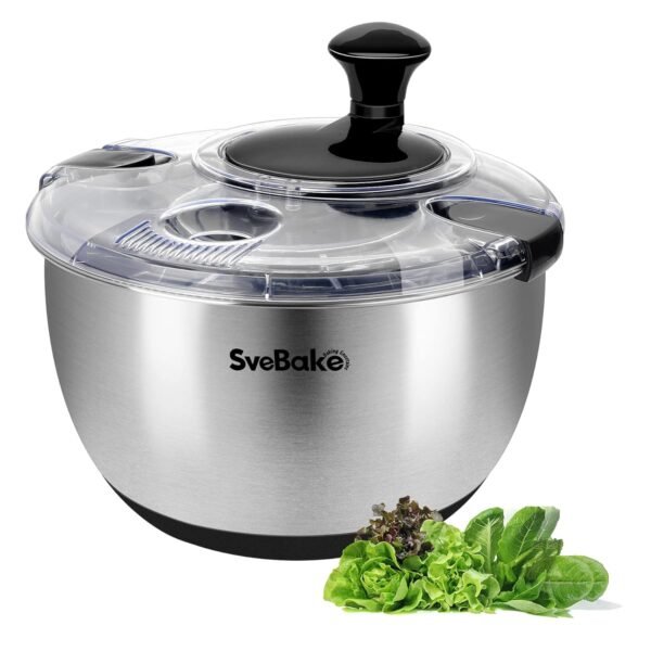 Stainless Steel Salad Spinner, 4.2 Qt Vegetable Washer, BPA-Free Lettuce Dryer with Crank Design, Dishwasher Safe, Non-Slip Base - Transparent Lid