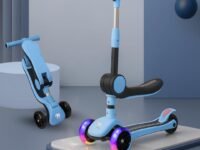 Storio Drago 2-in-1 Skate Scooter for Kids, 3 Wheel Foldable Kids Runner with Handle, Stand and Seat Functionality, LED PU Wheels | for 3-10 Years - Blue