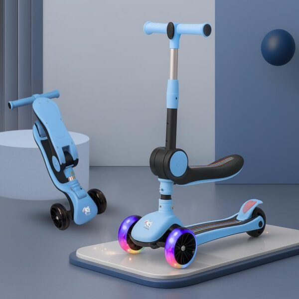 Storio Drago 2-in-1 Skate Scooter for Kids, 3 Wheel Foldable Kids Runner with Handle, Stand and Seat Functionality, LED PU Wheels | for 3-10 Years - Blue
