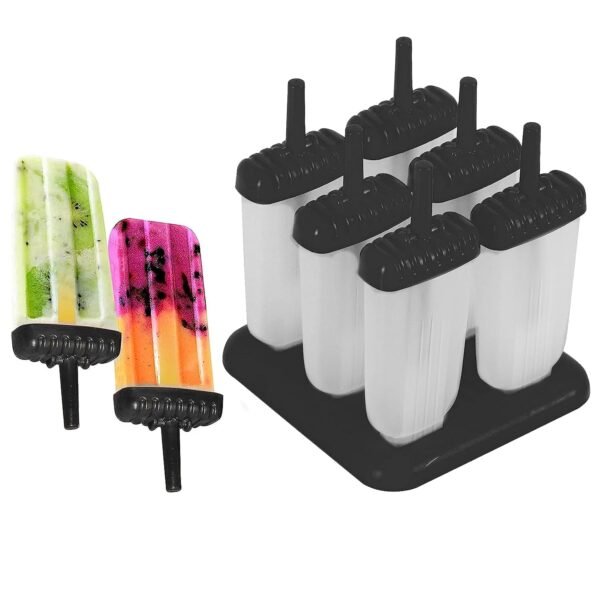 Storite Set of 6 Plastic Reusable Ice Pop Makers, Homemade Popsicle/Frozen Ice Cream Moulds Tray/Kulfi Candy Ice Lolly Mold for Children & Adults(Black), 14.8L x 14W x 16.5H cm