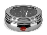 Sumeet Stainless Steel Belly Shape Masala (Spice) Box/Dabba/Organiser With See Through Lid With 7 Containers And Small Spoon (Small), Beige