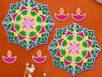 TIED RIBBONS Set of 2 Rangoli Mats for Diwali Decoration with 4 Pcs Diya (Wooden, 11.5 Inch) - Colorful Decorative Floor Mats for Home, Puja Festival Décor Reusable Rangoli Stencils Design for Diwali
