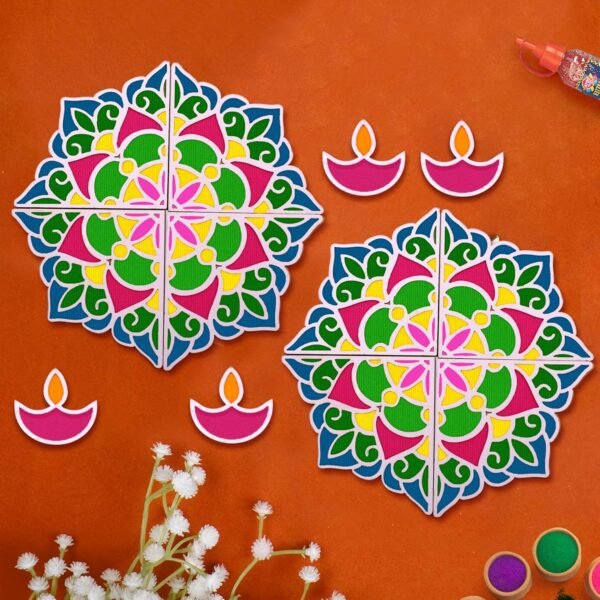 TIED RIBBONS Set of 2 Rangoli Mats for Diwali Decoration with 4 Pcs Diya (Wooden, 11.5 Inch) - Colorful Decorative Floor Mats for Home, Puja Festival Décor Reusable Rangoli Stencils Design for Diwali