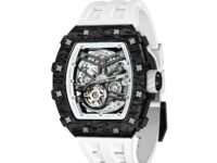 TSAR BOMBA Men's Automatic Watch Tonneau Luxury Skeleton Watches for Men Mechanical 50M Waterproof Analogue Watches Mens Unique Cool Silver Square Big Face Dial Wristwatch with Silicone Strap Band