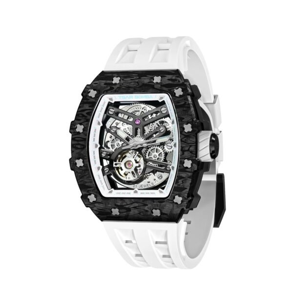 TSAR BOMBA Men's Automatic Watch Tonneau Luxury Skeleton Watches for Men Mechanical 50M Waterproof Analogue Watches Mens Unique Cool Silver Square Big Face Dial Wristwatch with Silicone Strap Band