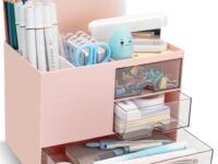 UCRAVO Pink Desk Organizer with Drawers for Office, Study Table, Home Multi-Functional Table Organizer for Stationery, Pens, Markers, Sticky Notes, Files Desktop Storage Box for Students & Office Use