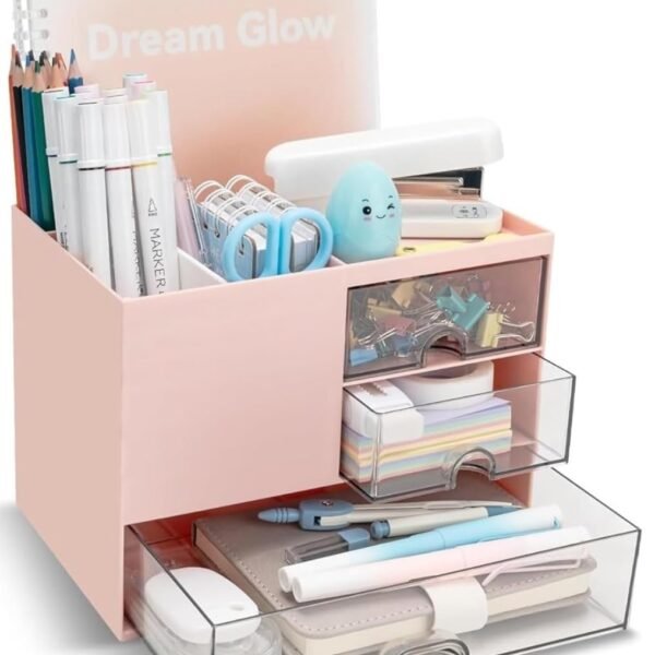 UCRAVO Pink Desk Organizer with Drawers for Office, Study Table, Home Multi-Functional Table Organizer for Stationery, Pens, Markers, Sticky Notes, Files Desktop Storage Box for Students & Office Use