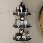 USF Bath Accessories Executive Edition 8mm Glass Bathroom Corner Shelf Wall Mounted | Weight Bearing Upto 10 Kg | Wall Mounter Corner Bathroom Shelves Stand (9x9 Inches | Black| Diamond | Pack 3)