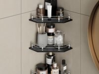 USF Bath Accessories Executive Edition 8mm Glass Bathroom Corner Shelf Wall Mounted | Weight Bearing Upto 10 Kg | Wall Mounter Corner Bathroom Shelves Stand (9x9 Inches | Black| Diamond | Pack 3)